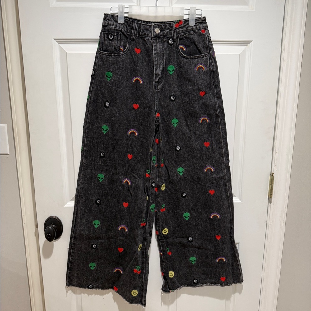 Dressed in LALA Black Wide-Leg Jeans with Colorful Embroidered Motifs